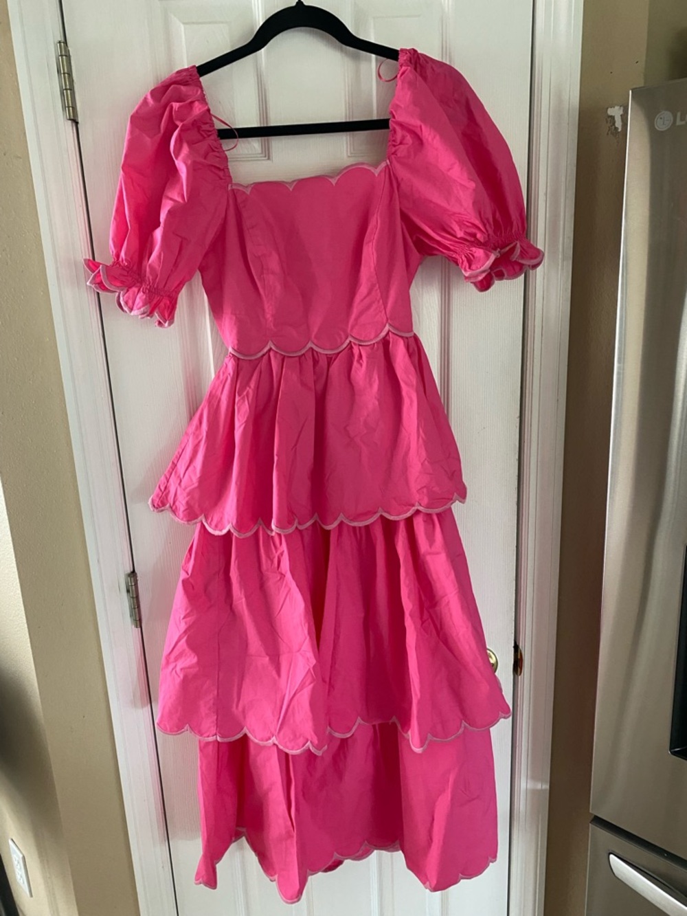 English Factory Bright Pink Tiered Puff-Sleeve Dress